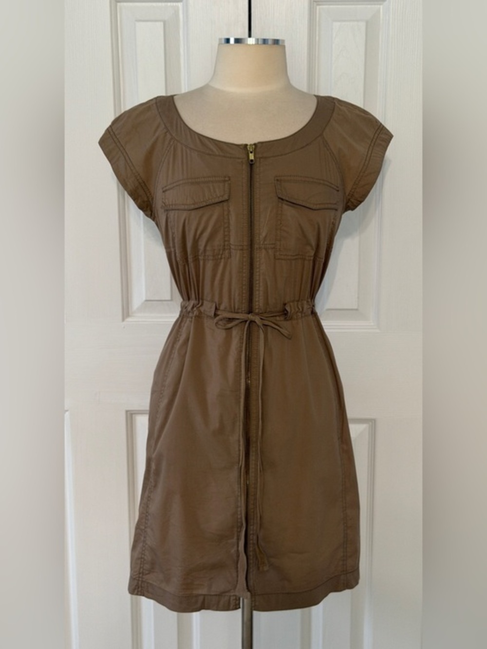 Ann Taylor LOFT Utility Zip Front Drawstring Dress Brown Size Small